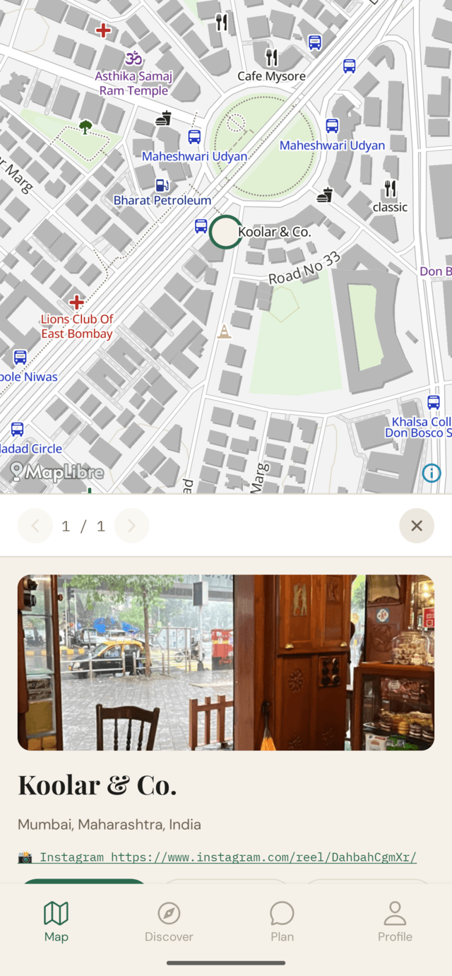 A saved pin’s detail view showing its location on the map and the Instagram reel it came from