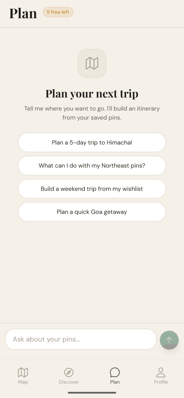 The AI trip planner chat screen with suggested prompts