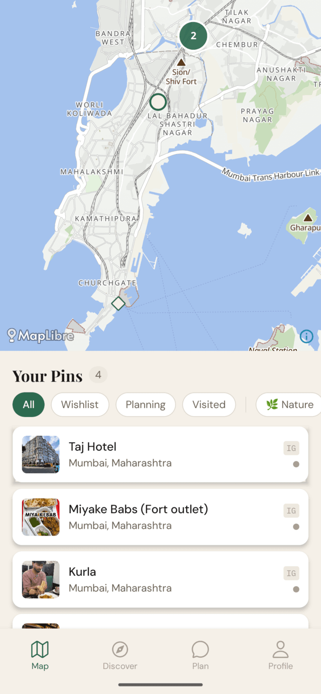 WanderPin's map with saved pins and the pin list below it